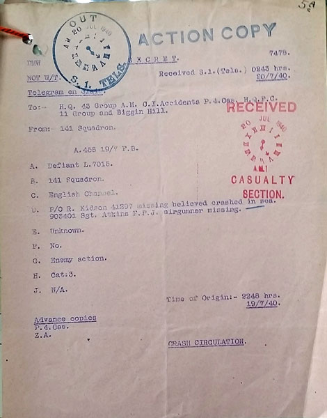 Atkins telegram J Moles Battle of Britain Memorial website