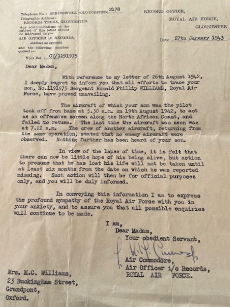 [Letter from the RAF to Ron’s mother Mabel, 27 January 1943]